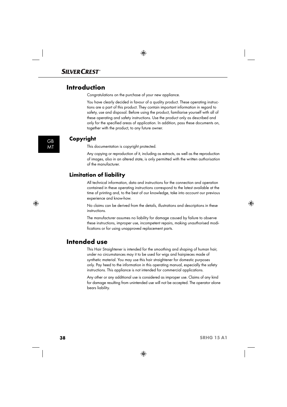 Introduction, Intended use, Copyright | Limitation of liability, Gb mt | Silvercrest SRHG 15 A1 User Manual | Page 41 / 64