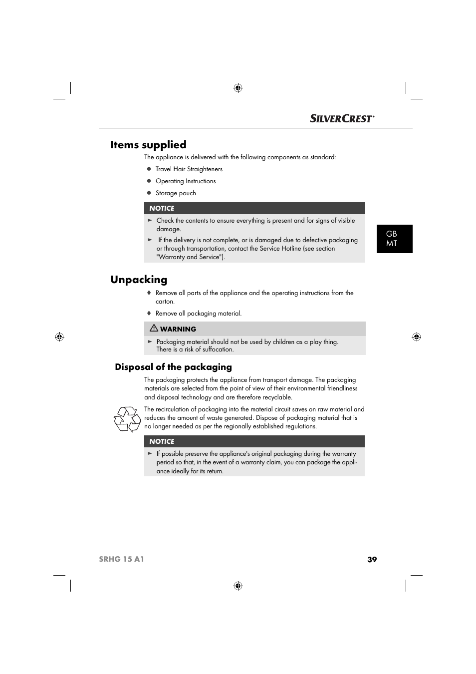 Items supplied, Unpacking, Disposal of the packaging | Gb mt | Silvercrest SRHG 15 A1 User Manual | Page 42 / 64