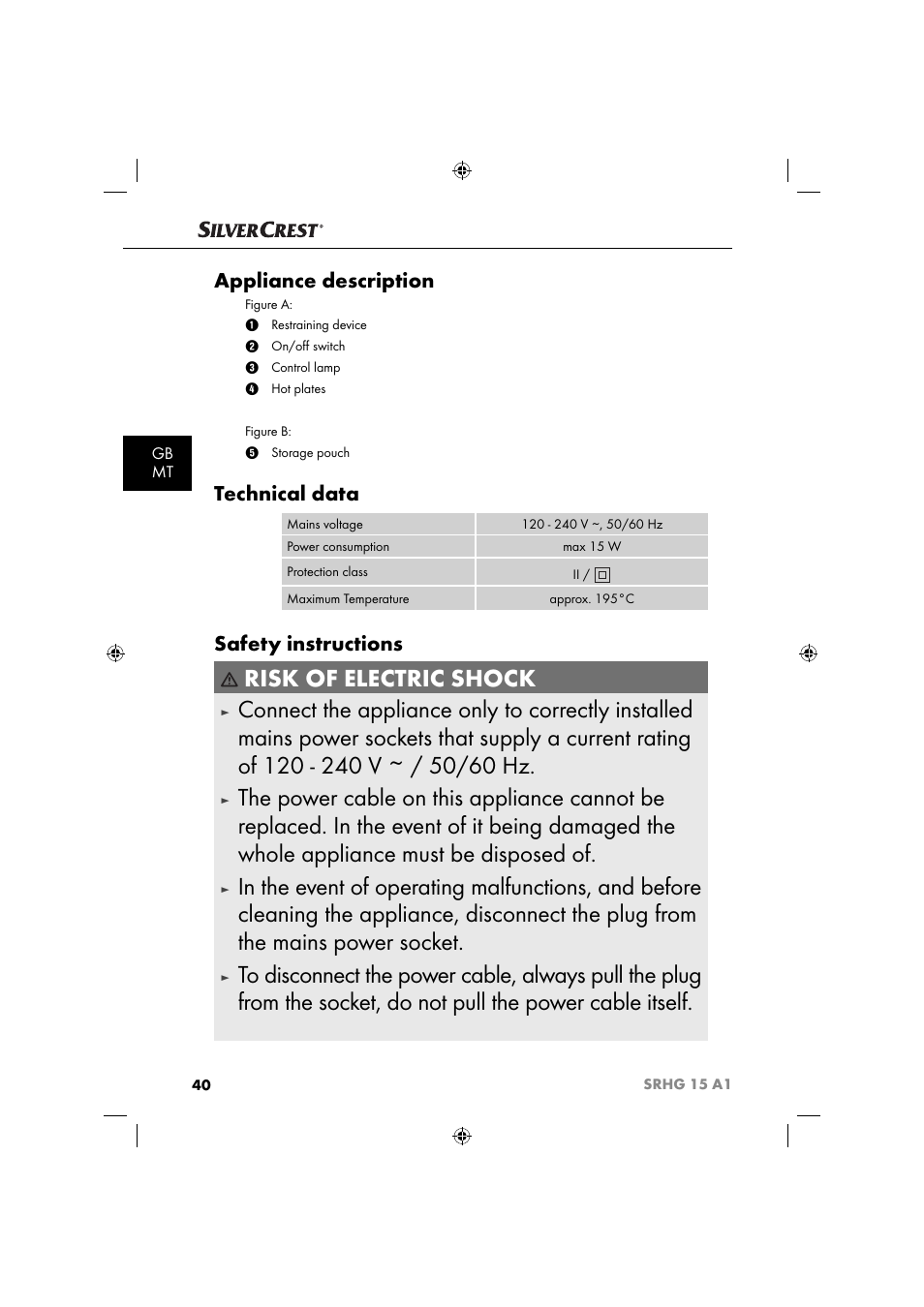 Risk of electric shock, Appliance description, Technical data | Safety instructions | Silvercrest SRHG 15 A1 User Manual | Page 43 / 64