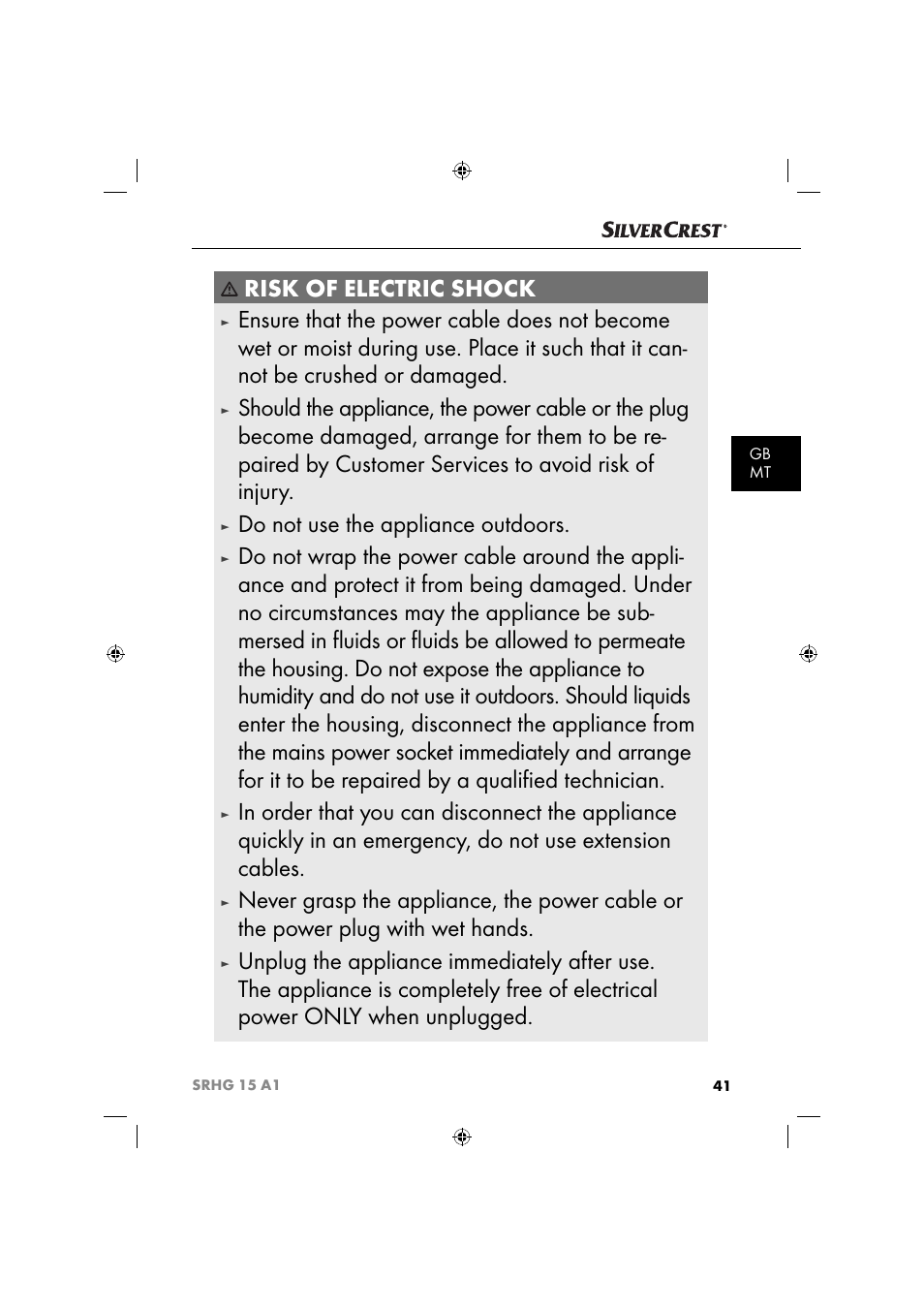 Risk of electric shock, Do not use the appliance outdoors | Silvercrest SRHG 15 A1 User Manual | Page 44 / 64