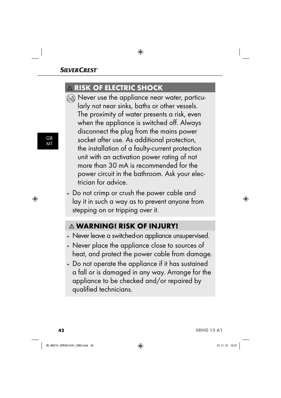 Never leave a switched-on appliance unsupervised | Silvercrest SRHG 15 A1 User Manual | Page 45 / 64