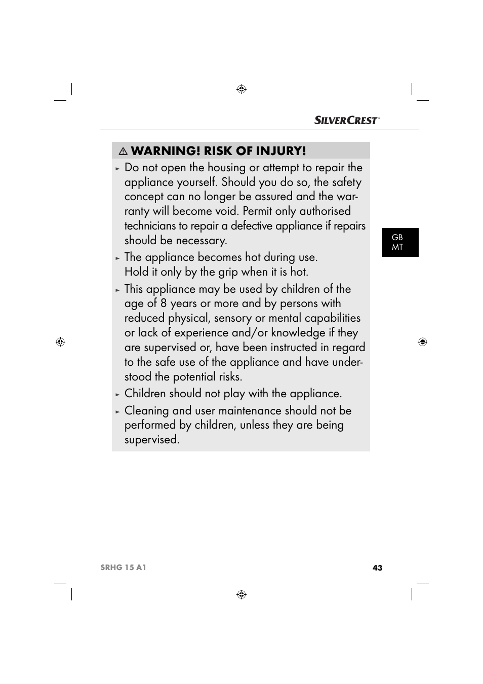 Warning! risk of injury, Children should not play with the appliance | Silvercrest SRHG 15 A1 User Manual | Page 46 / 64