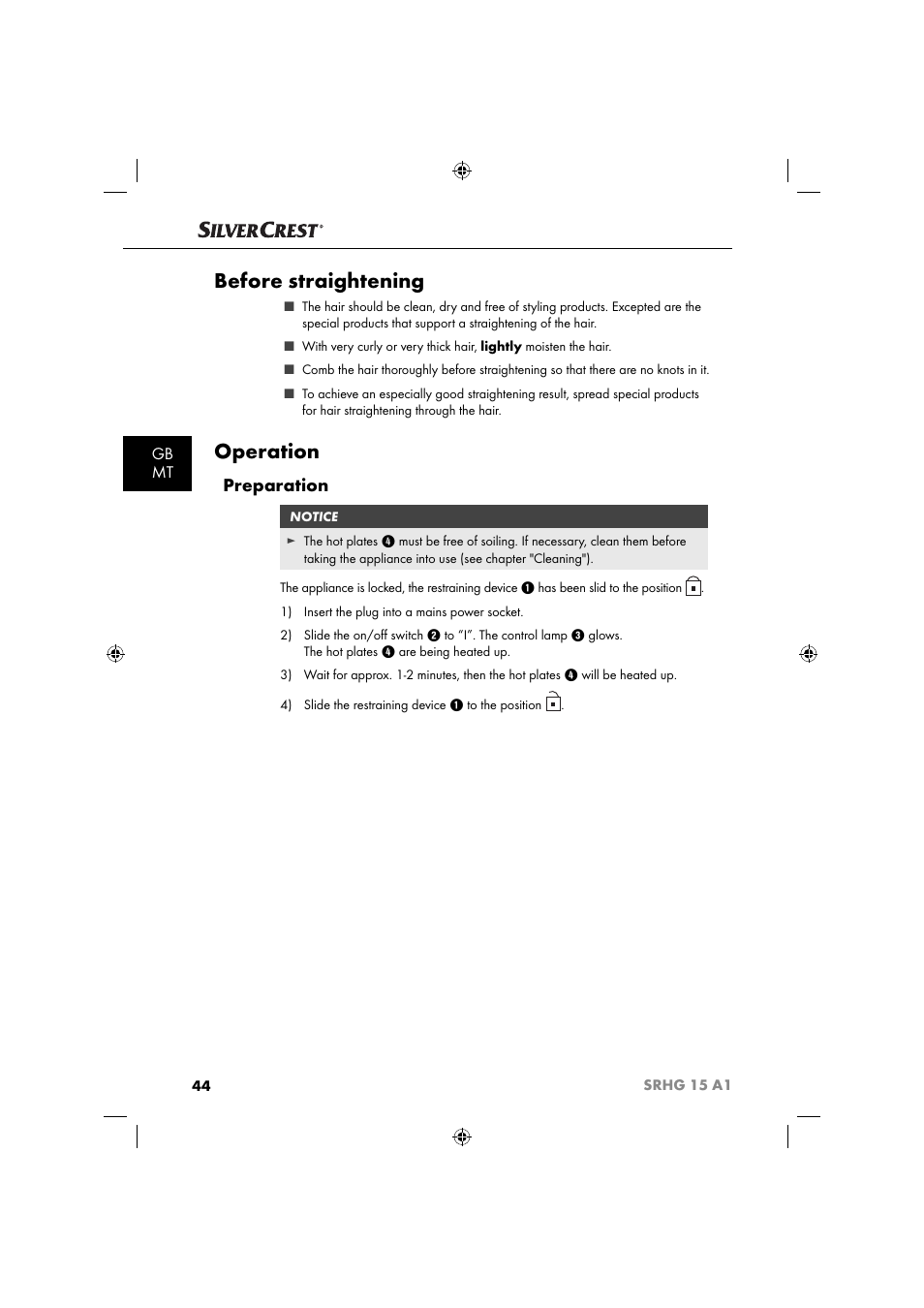 Before straightening, Operation, Preparation | Gb mt | Silvercrest SRHG 15 A1 User Manual | Page 47 / 64