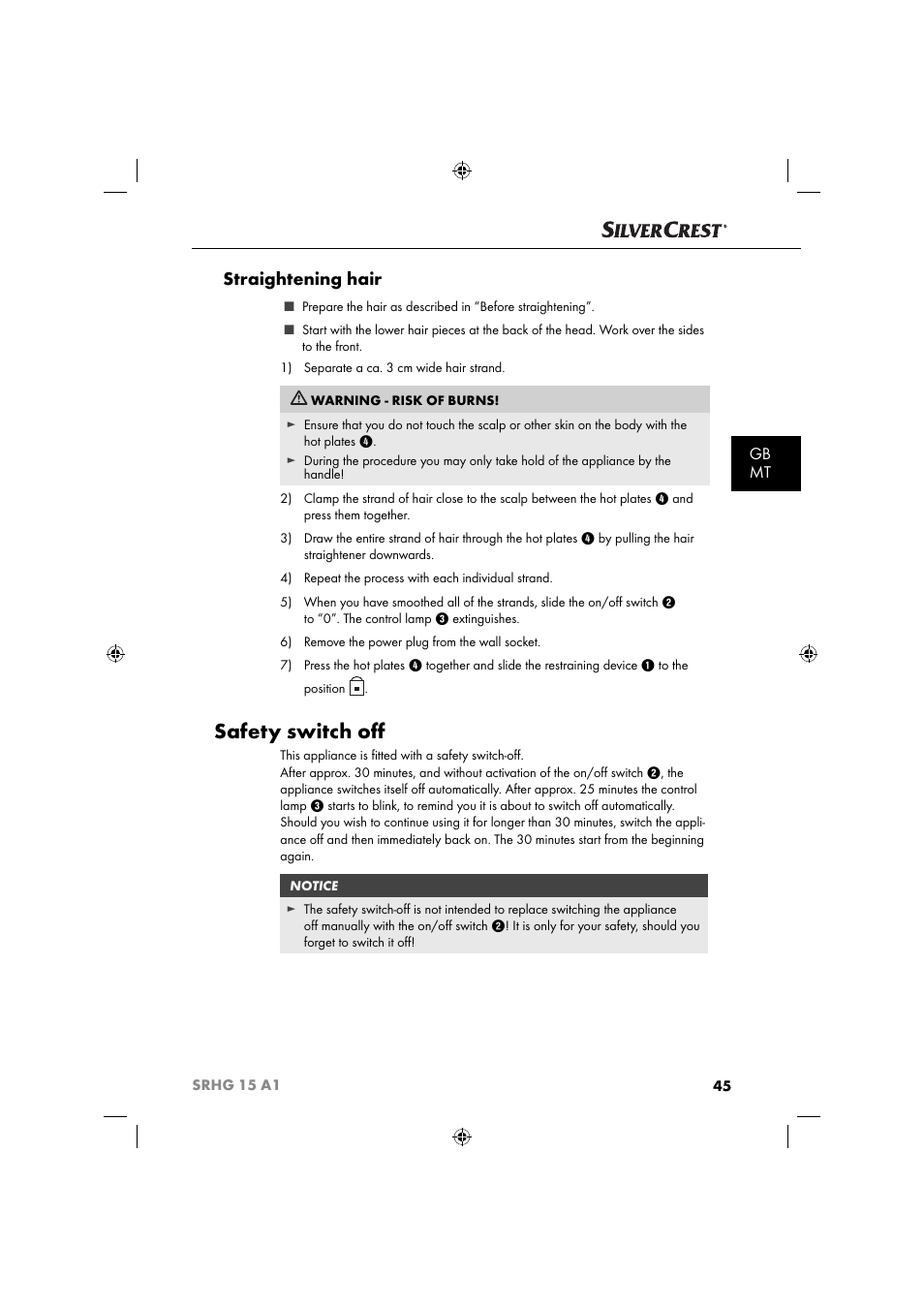 Safety switch oﬀ, Straightening hair, Gb mt | Silvercrest SRHG 15 A1 User Manual | Page 48 / 64