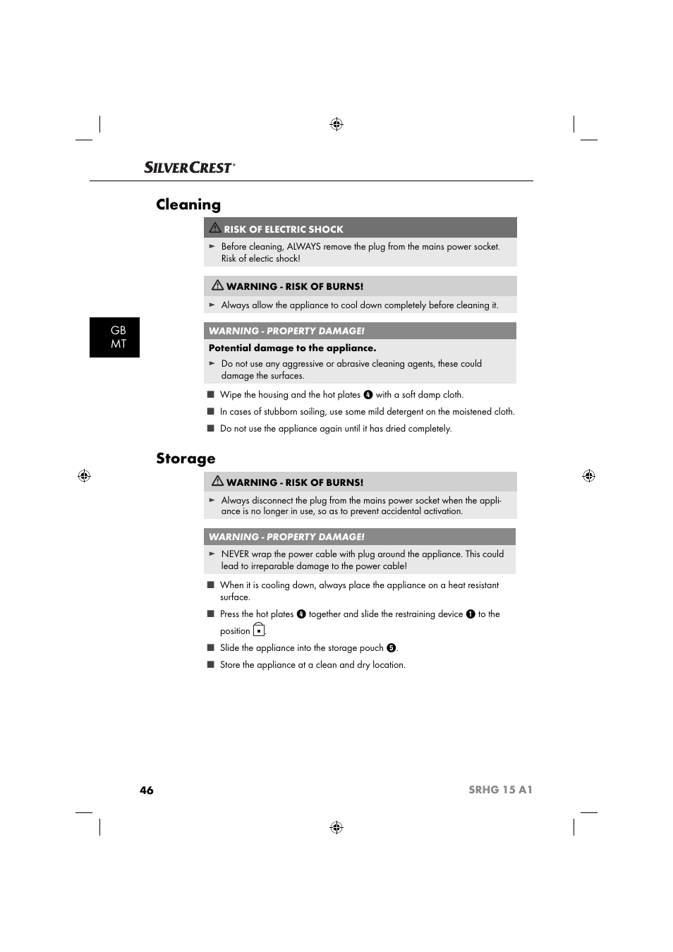 Cleaning, Storage, Gb mt | Silvercrest SRHG 15 A1 User Manual | Page 49 / 64