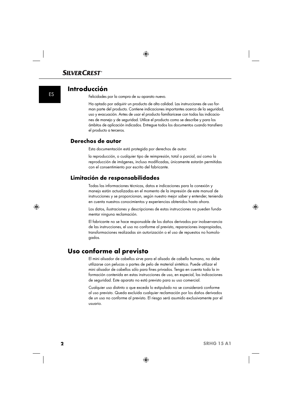 Introducción, Uso conforme al previsto, Derechos de autor | Limitación de responsabilidades | Silvercrest SRHG 15 A1 User Manual | Page 5 / 64