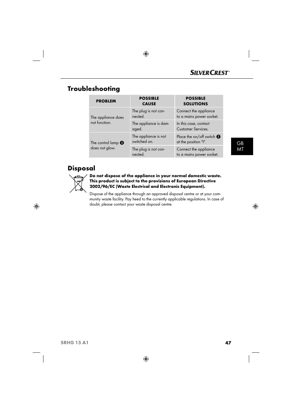 Troubleshooting, Disposal, Gb mt | Silvercrest SRHG 15 A1 User Manual | Page 50 / 64