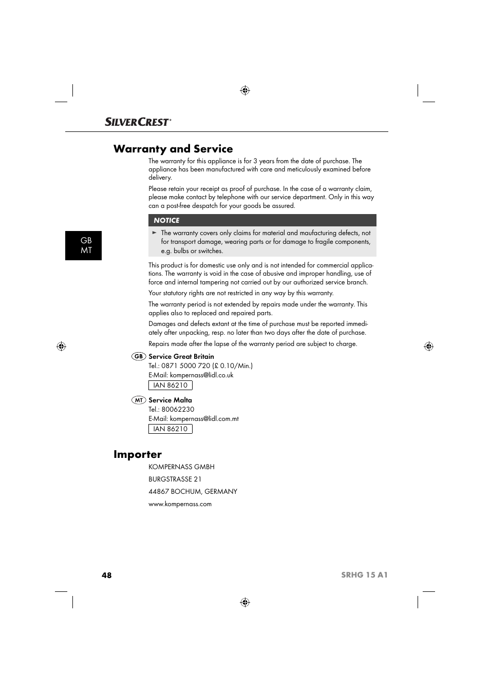 Warranty and service, Importer, Gb mt | Silvercrest SRHG 15 A1 User Manual | Page 51 / 64