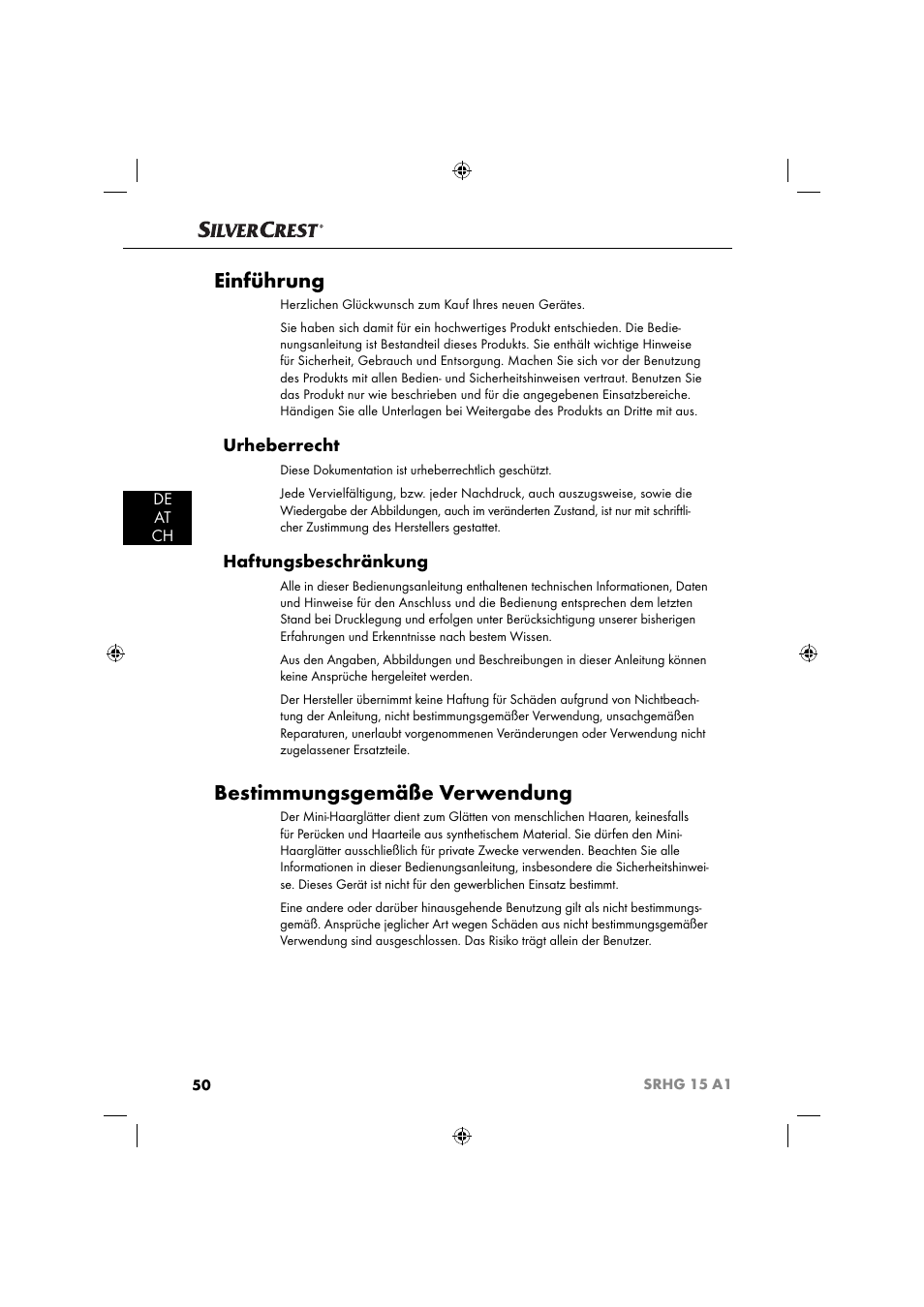 Einführung, Bestimmungsgemäße verwendung, Urheberrecht | Haftungsbeschränkung, De at ch | Silvercrest SRHG 15 A1 User Manual | Page 53 / 64