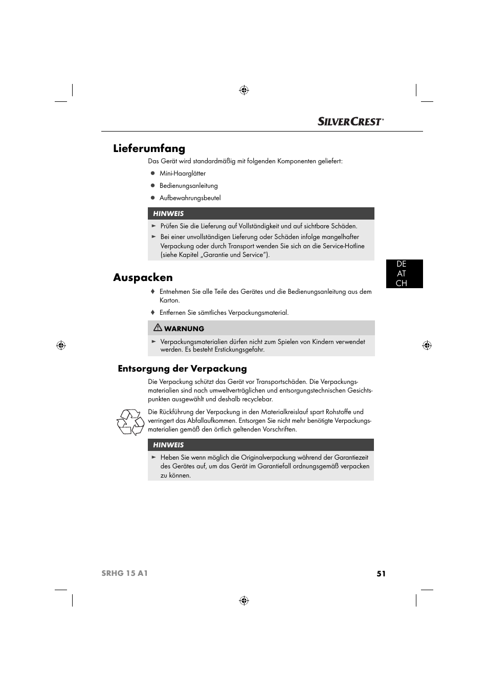 Lieferumfang, Auspacken, Entsorgung der verpackung | De at ch | Silvercrest SRHG 15 A1 User Manual | Page 54 / 64