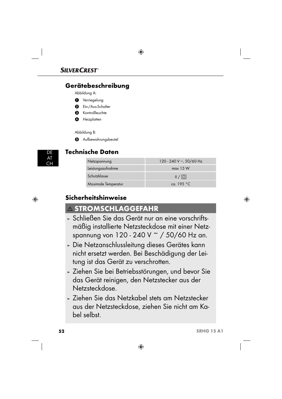 Stromschlaggefahr, Gerätebeschreibung, Technische daten | Sicherheitshinweise | Silvercrest SRHG 15 A1 User Manual | Page 55 / 64