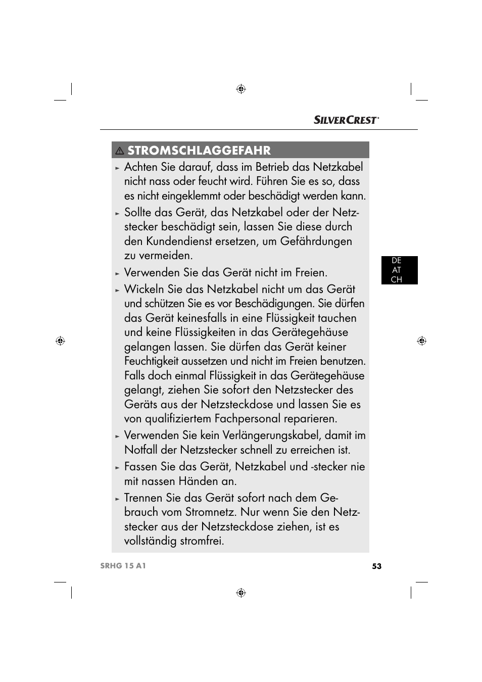 Stromschlaggefahr, Verwenden sie das gerät nicht im freien | Silvercrest SRHG 15 A1 User Manual | Page 56 / 64