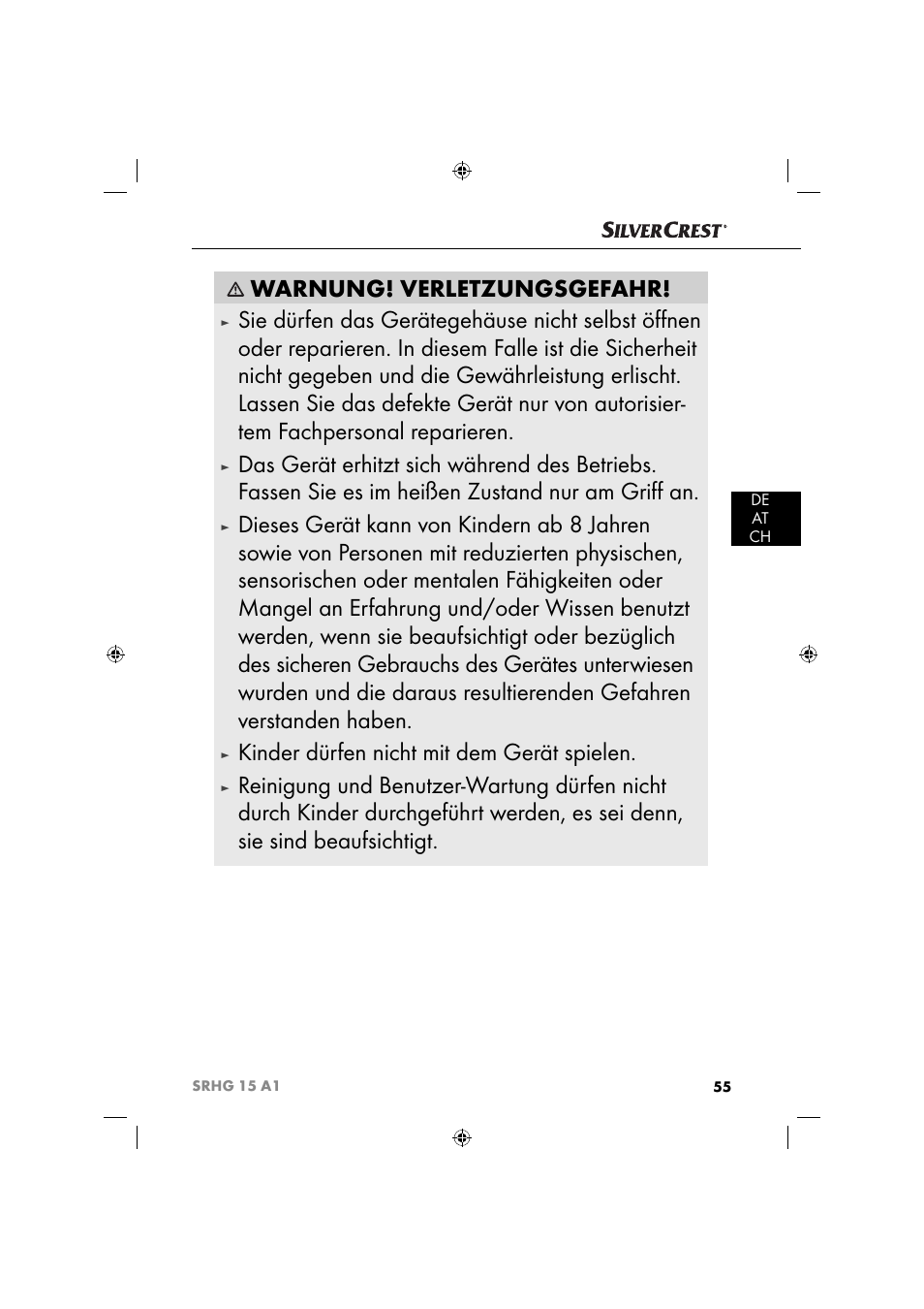 Warnung! verletzungsgefahr, Kinder dürfen nicht mit dem gerät spielen | Silvercrest SRHG 15 A1 User Manual | Page 58 / 64