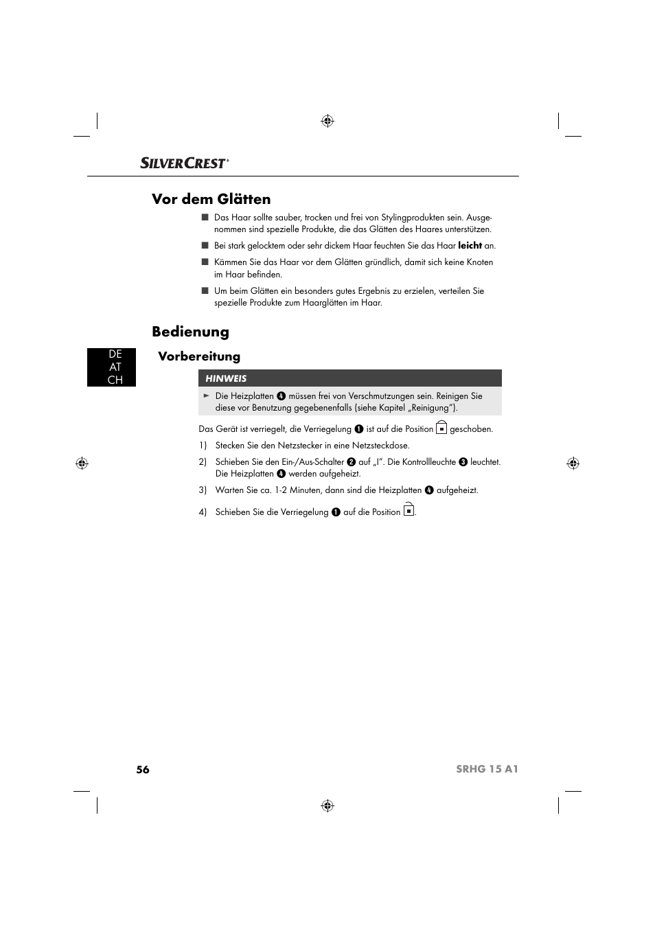 Vor dem glätten, Bedienung, Vorbereitung | De at ch | Silvercrest SRHG 15 A1 User Manual | Page 59 / 64