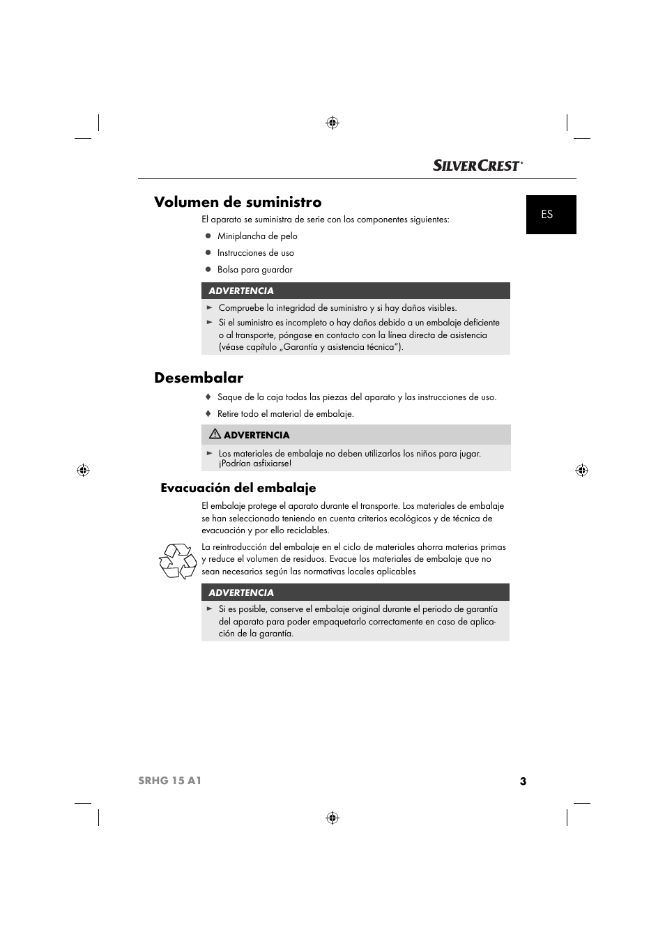 Volumen de suministro, Desembalar, Evacuación del embalaje | Silvercrest SRHG 15 A1 User Manual | Page 6 / 64