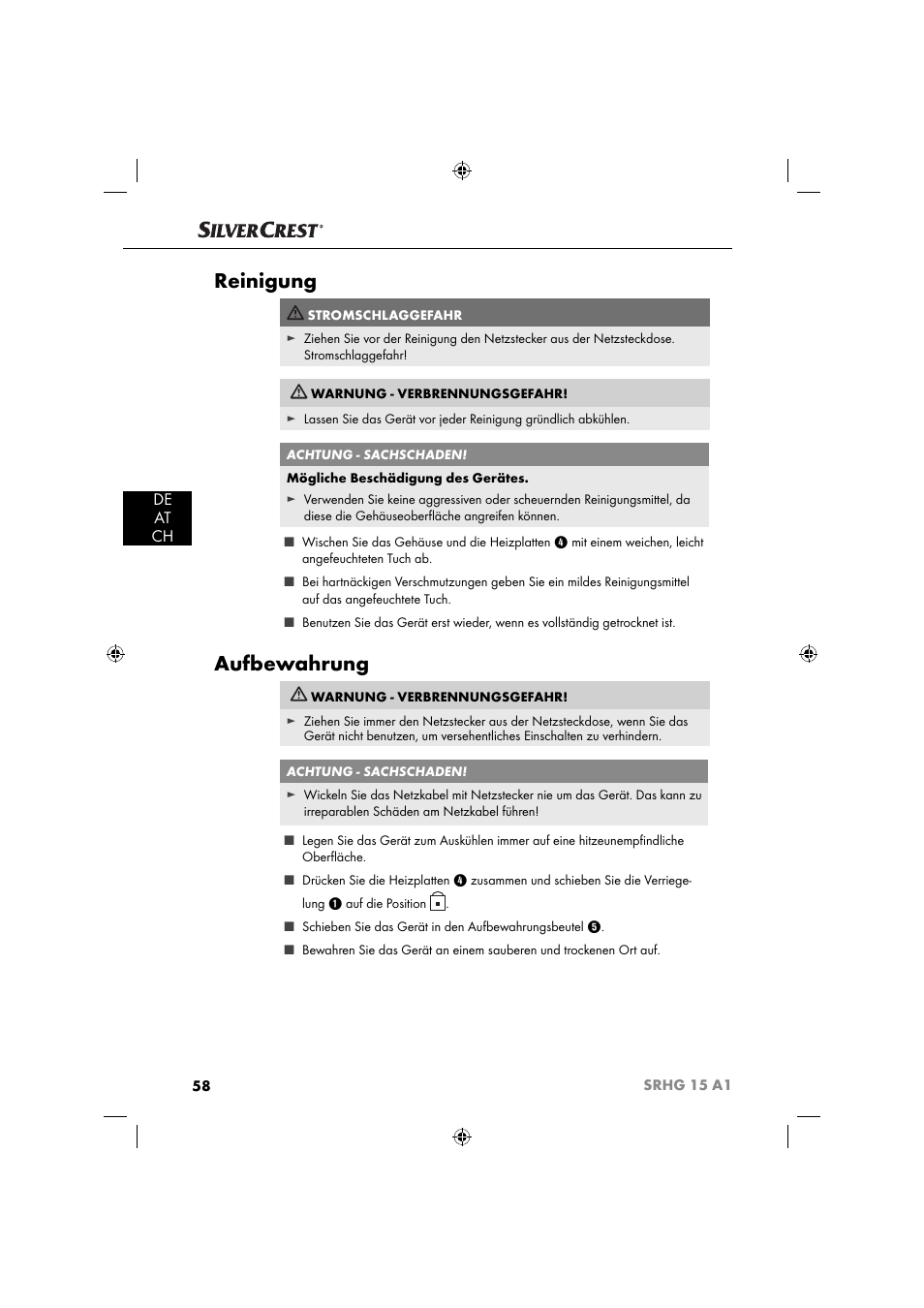 Reinigung, Aufbewahrung, De at ch | Silvercrest SRHG 15 A1 User Manual | Page 61 / 64