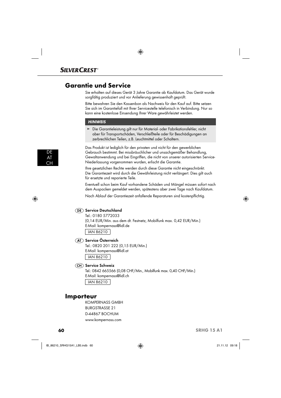 Garantie und service, Importeur, De at ch | Silvercrest SRHG 15 A1 User Manual | Page 63 / 64