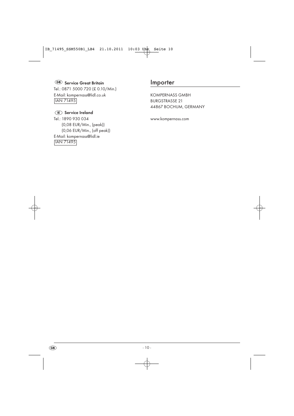 Importer | Silvercrest SSM 550 B1 User Manual | Page 12 / 72