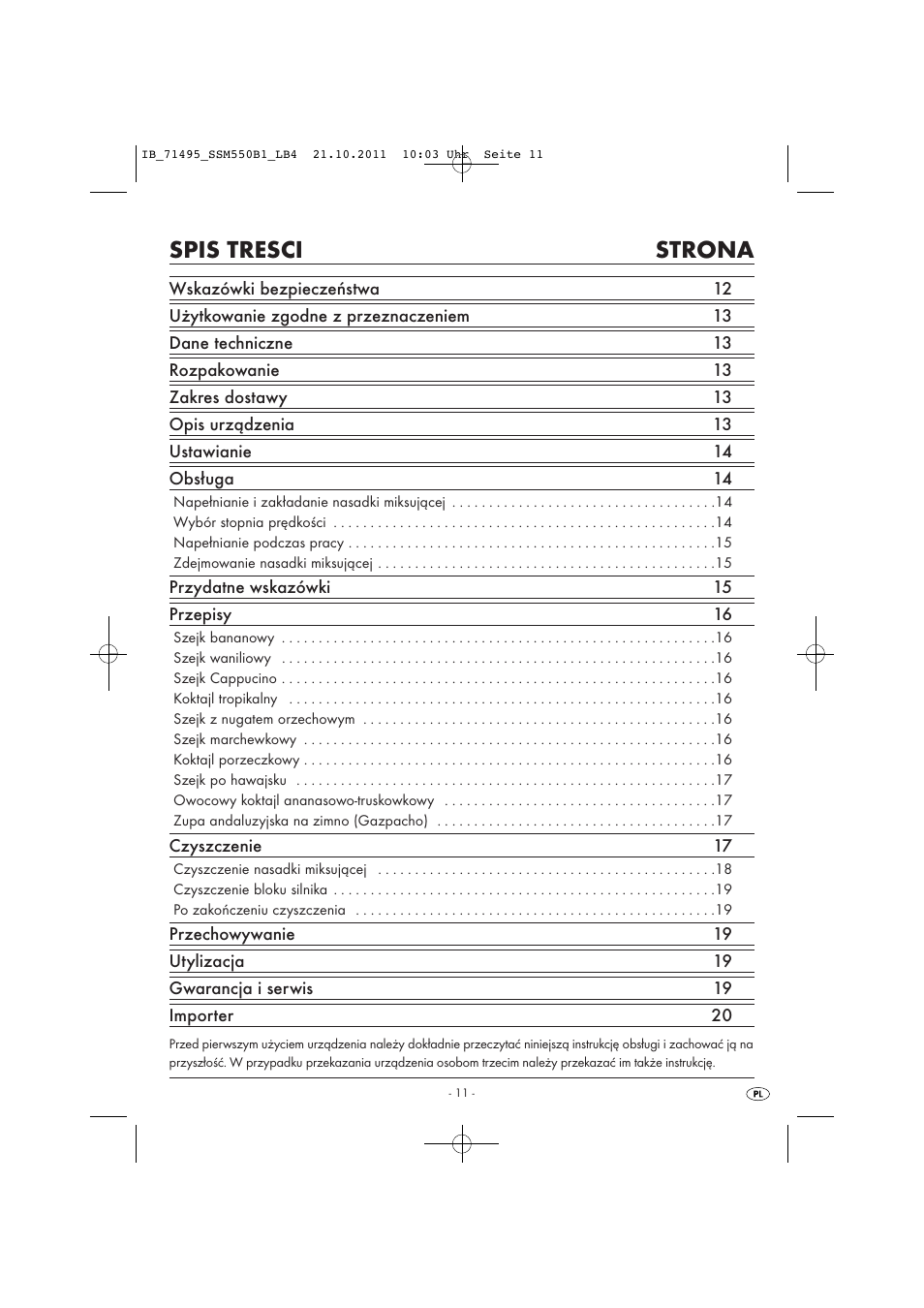 Spis tresci strona | Silvercrest SSM 550 B1 User Manual | Page 13 / 72