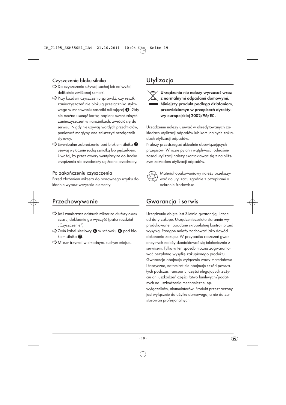 Przechowywanie, Utylizacja, Gwarancja i serwis | Silvercrest SSM 550 B1 User Manual | Page 21 / 72