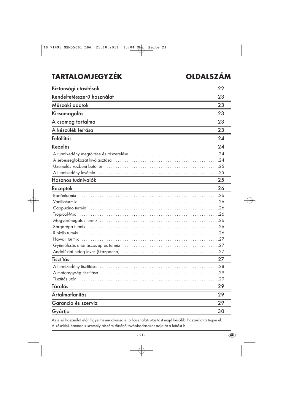 Tartalomjegyzék oldalszám | Silvercrest SSM 550 B1 User Manual | Page 23 / 72