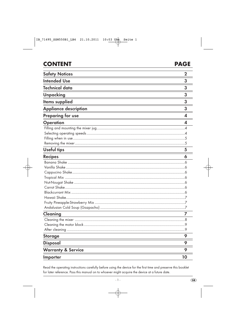 Content page | Silvercrest SSM 550 B1 User Manual | Page 3 / 72