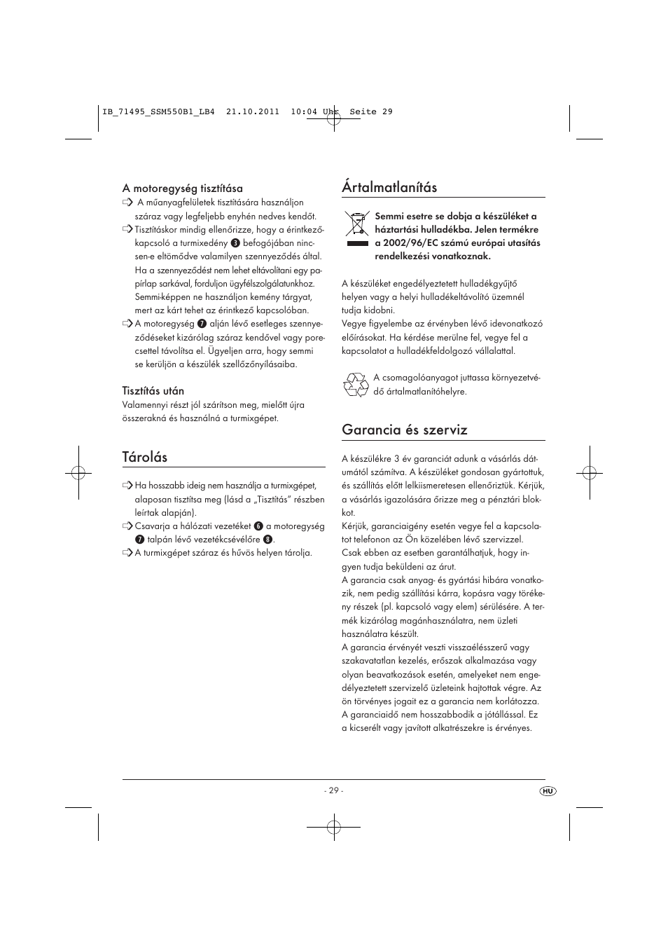 Tárolás, Ártalmatlanítás, Garancia és szerviz | Silvercrest SSM 550 B1 User Manual | Page 31 / 72