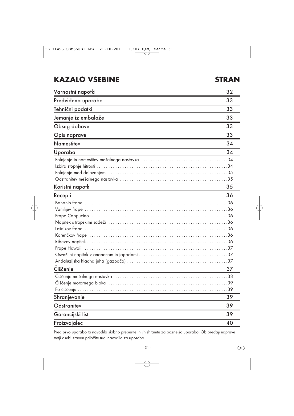 Kazalo vsebine stran | Silvercrest SSM 550 B1 User Manual | Page 33 / 72