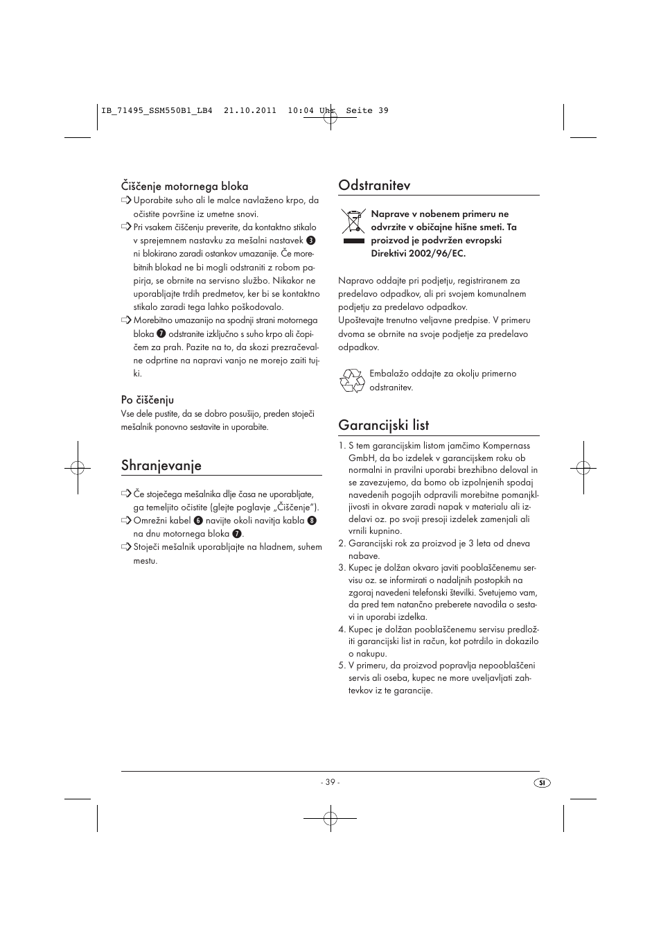 Shranjevanje, Odstranitev, Garancijski list | Silvercrest SSM 550 B1 User Manual | Page 41 / 72