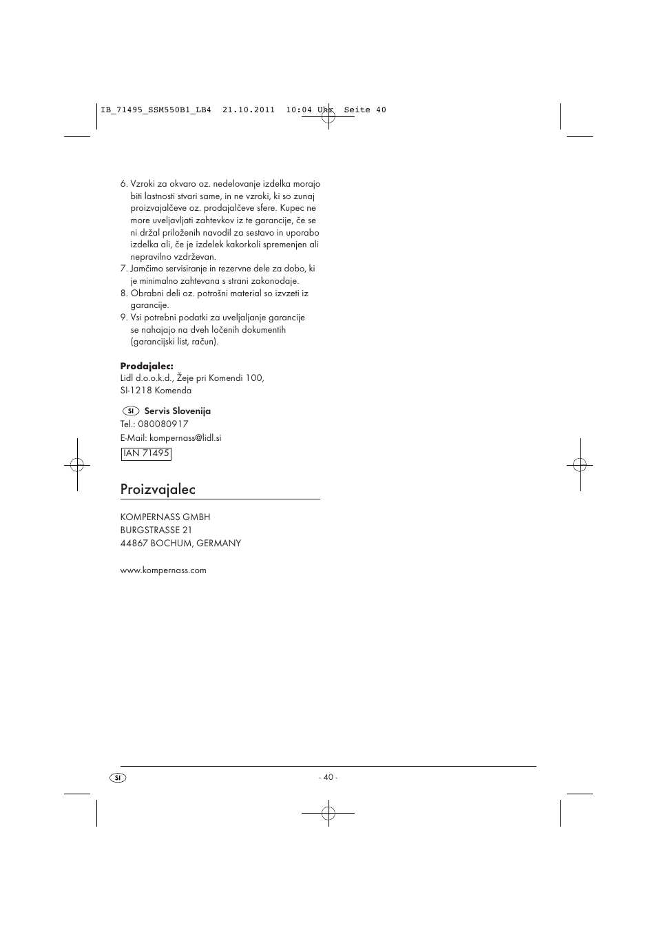 Proizvajalec | Silvercrest SSM 550 B1 User Manual | Page 42 / 72