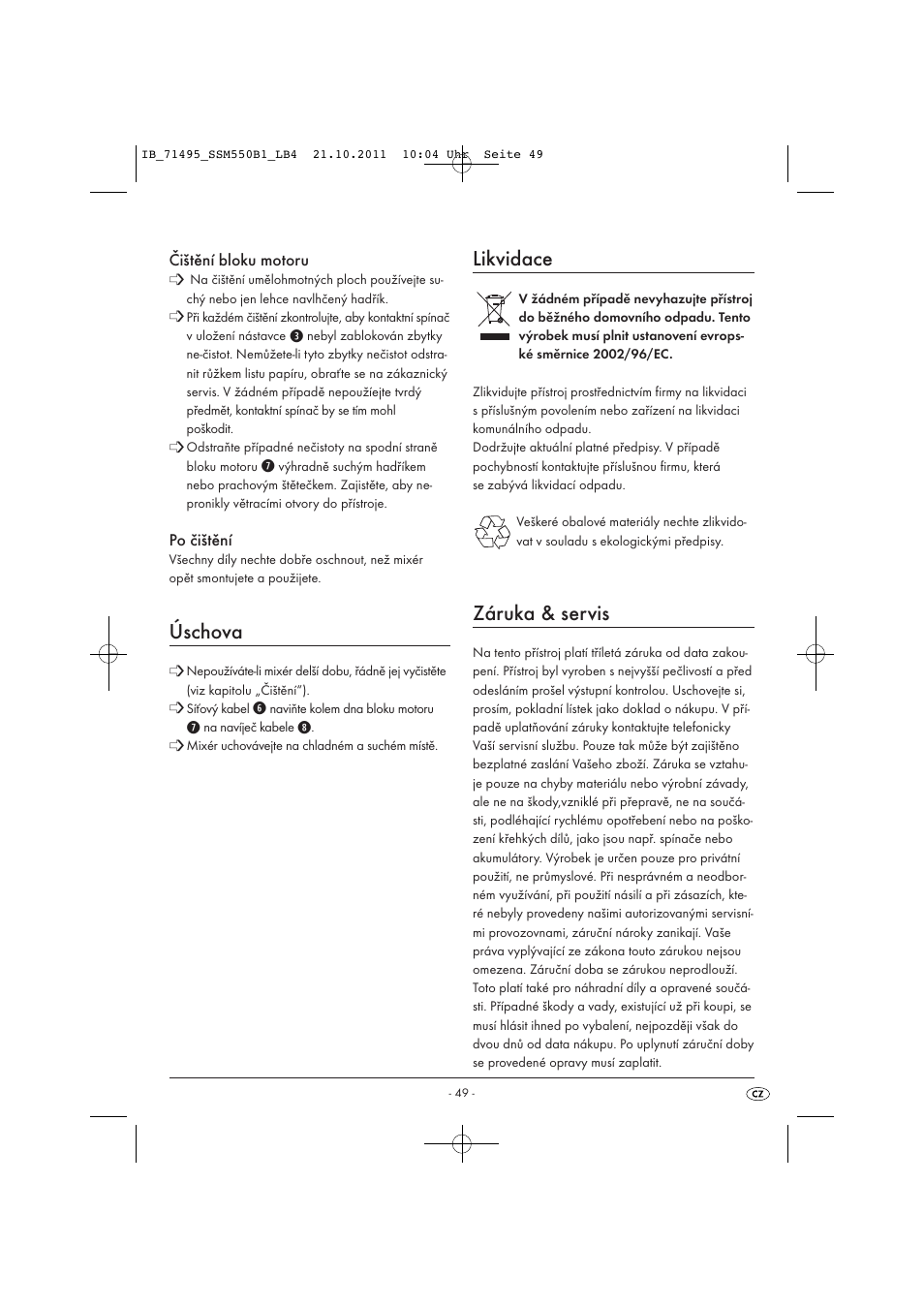 Úschova, Likvidace, Záruka & servis | Silvercrest SSM 550 B1 User Manual | Page 51 / 72