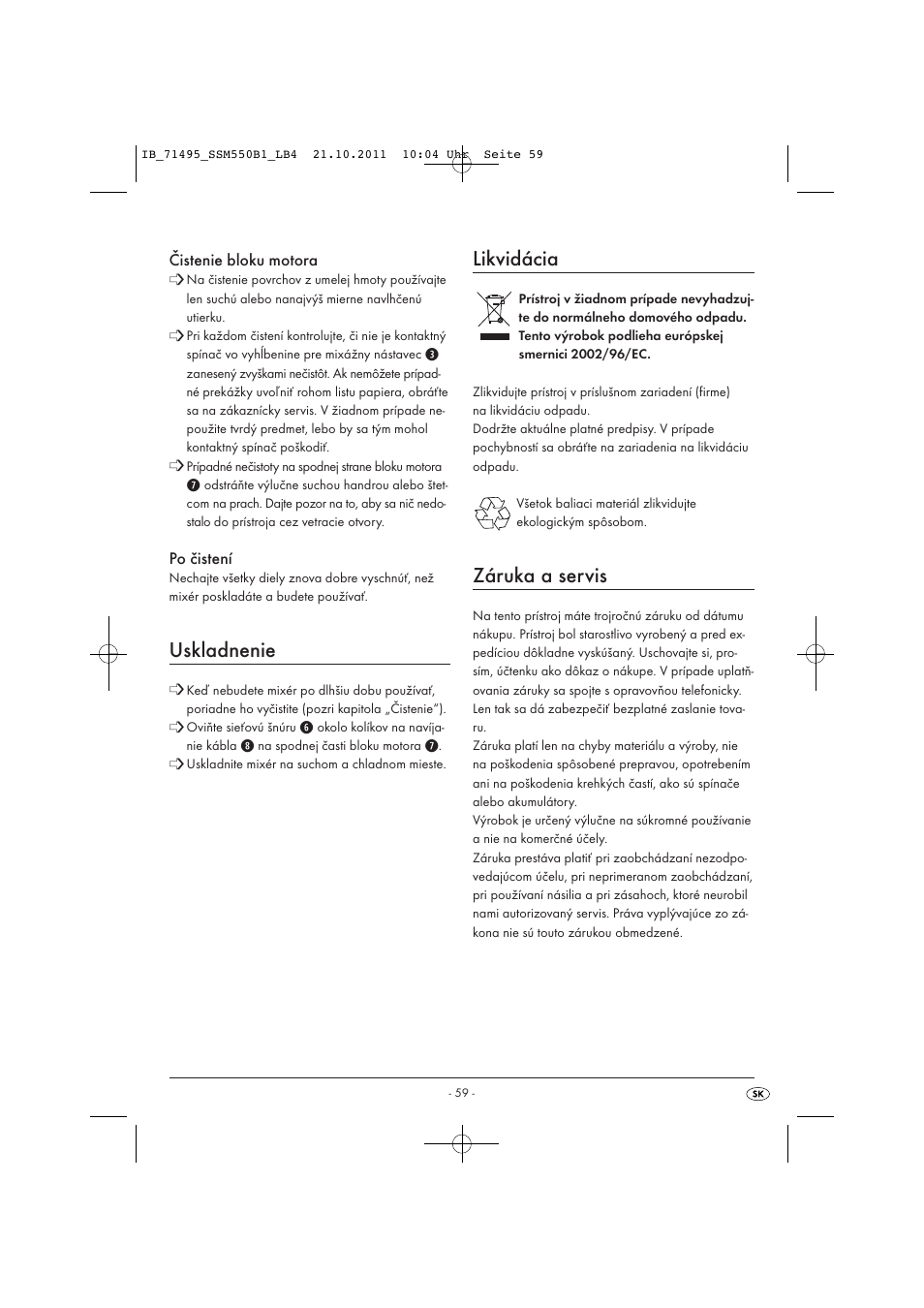 Uskladnenie, Likvidácia, Záruka a servis | Silvercrest SSM 550 B1 User Manual | Page 61 / 72