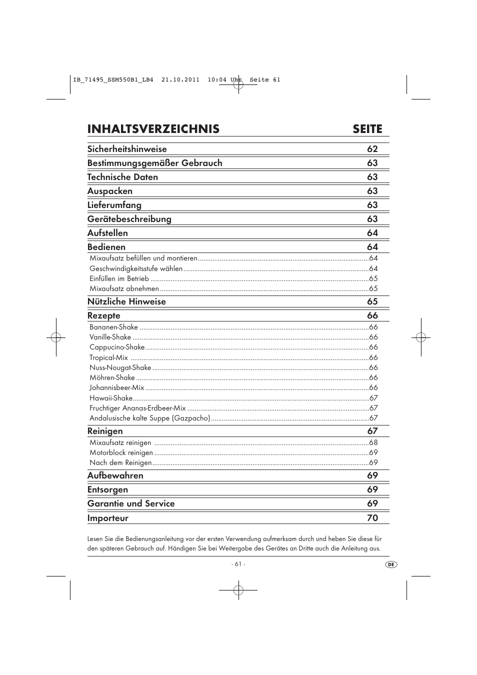 Inhaltsverzeichnis seite | Silvercrest SSM 550 B1 User Manual | Page 63 / 72