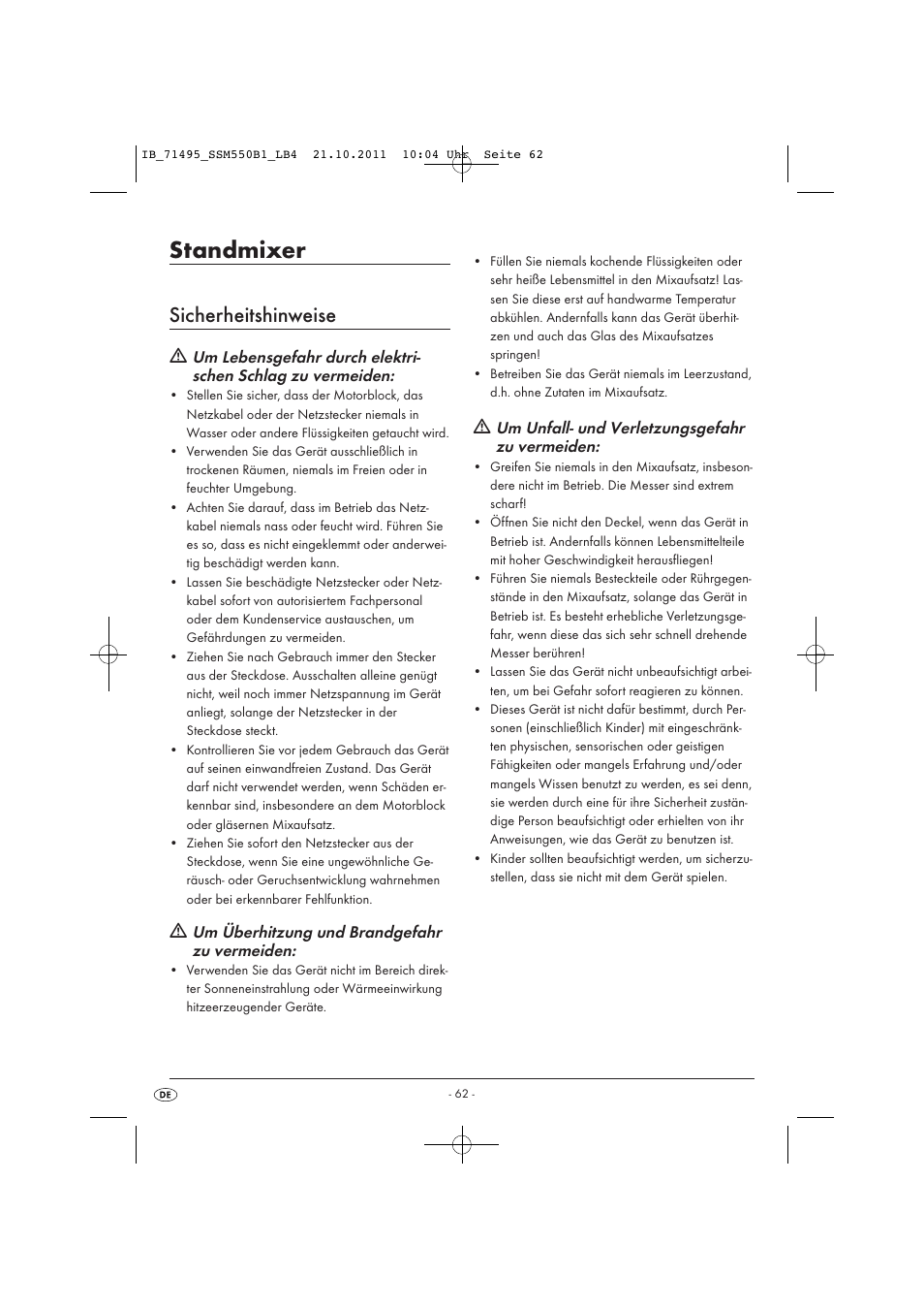 Standmixer, Sicherheitshinweise, Um überhitzung und brandgefahr zu vermeiden | Um unfall- und verletzungsgefahr zu vermeiden | Silvercrest SSM 550 B1 User Manual | Page 64 / 72