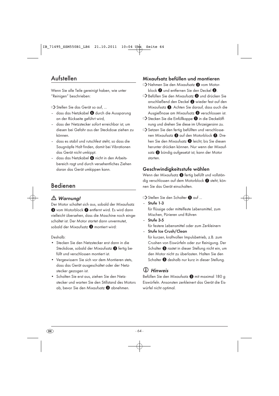 Aufstellen, Bedienen | Silvercrest SSM 550 B1 User Manual | Page 66 / 72