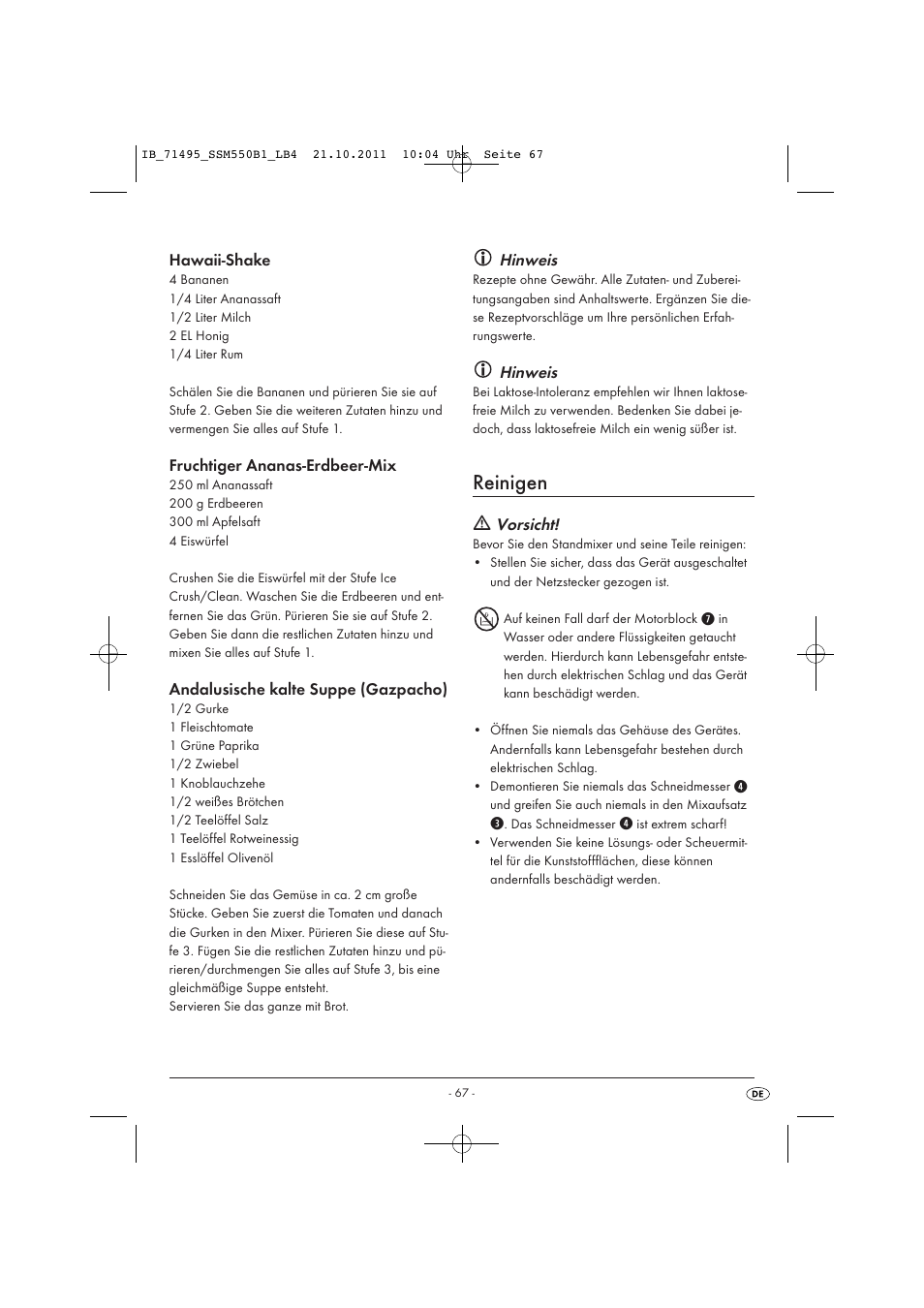 Reinigen | Silvercrest SSM 550 B1 User Manual | Page 69 / 72