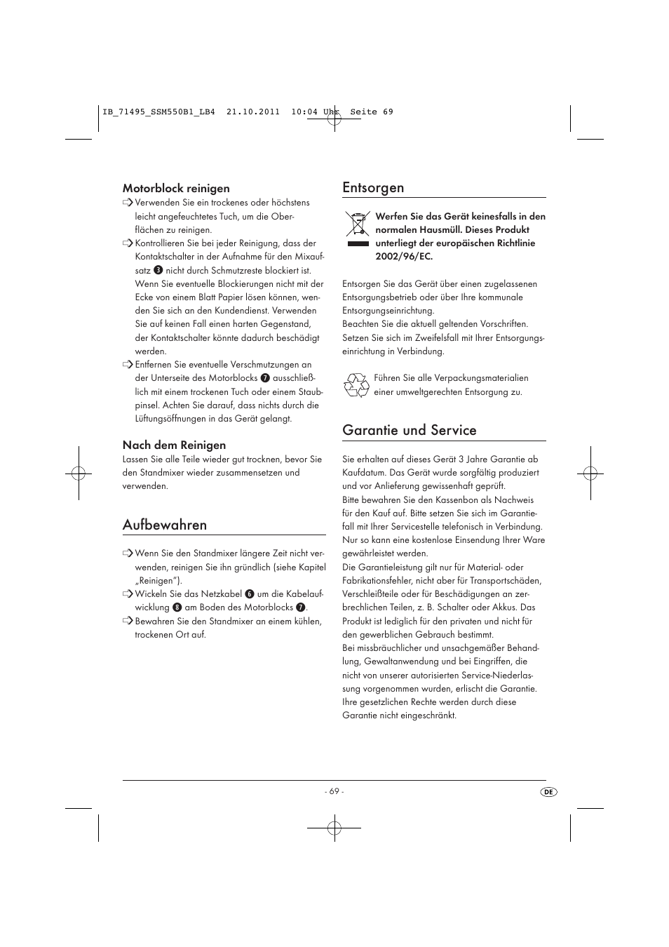 Aufbewahren, Entsorgen, Garantie und service | Silvercrest SSM 550 B1 User Manual | Page 71 / 72