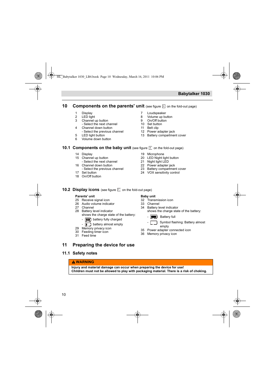 10 components on the parents' unit, 11 preparing the device for use, Babytalker 1030 | 1 components on the baby unit, 2 display icons | Silvercrest BABYTALKER 1030 User Manual | Page 10 / 108