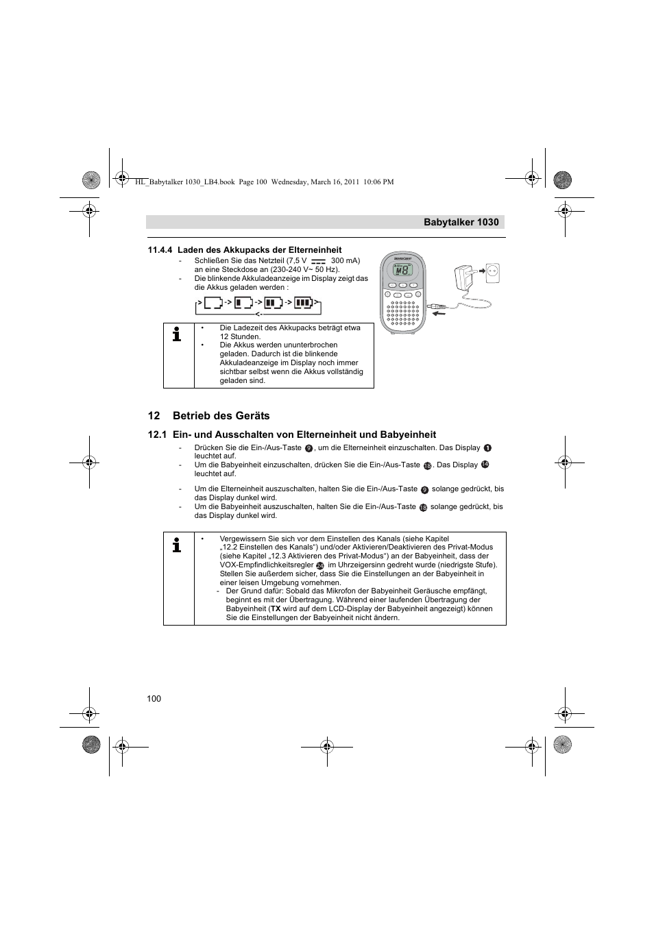 12 betrieb des geräts, Babytalker 1030 | Silvercrest BABYTALKER 1030 User Manual | Page 100 / 108