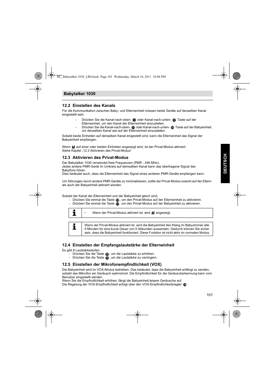 3 aktivieren des privat-modus, 5 einstellen der mikrofonempfindlichkeit (vox) | Silvercrest BABYTALKER 1030 User Manual | Page 101 / 108