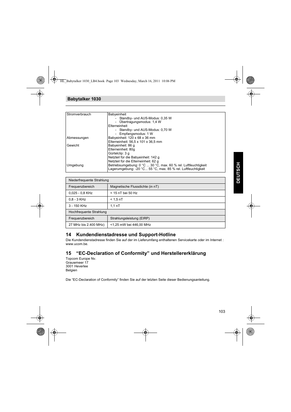 14 kundendienstadresse und support-hotline, Babytalker 1030 deutsch | Silvercrest BABYTALKER 1030 User Manual | Page 103 / 108