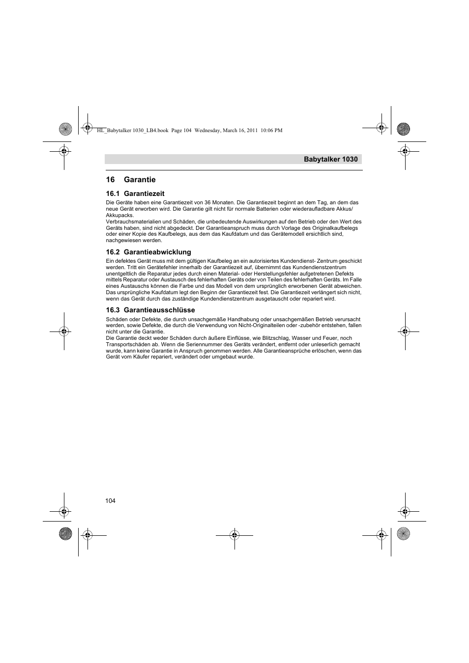 16 garantie | Silvercrest BABYTALKER 1030 User Manual | Page 104 / 108