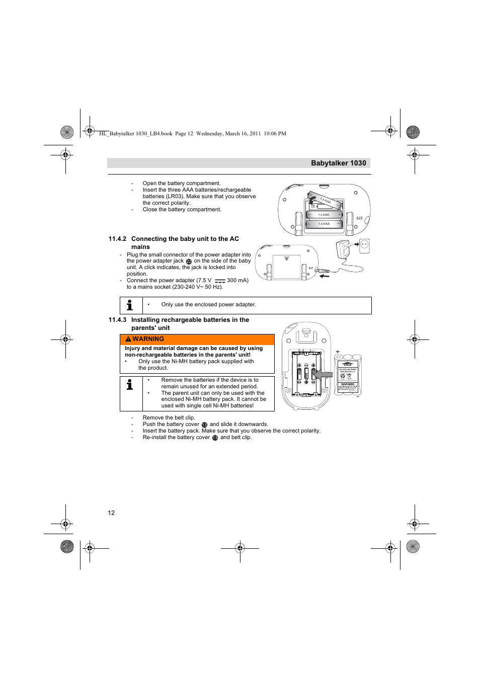 Babytalker 1030, 2 connecting the baby unit to the ac mains, Warning | Silvercrest BABYTALKER 1030 User Manual | Page 12 / 108