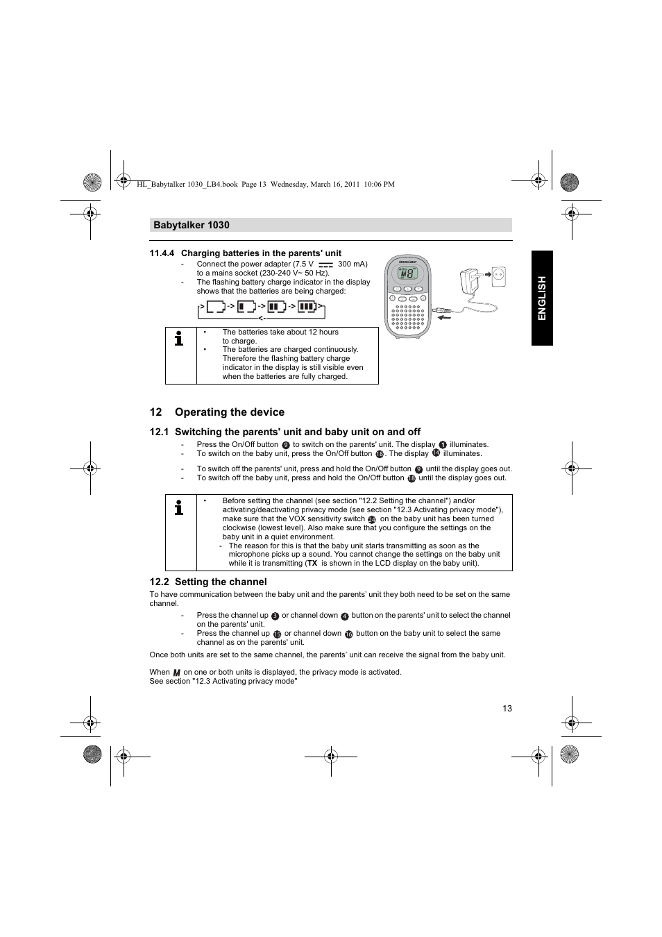 12 operating the device, Babytalker 1030 english, 2 setting the channel | Silvercrest BABYTALKER 1030 User Manual | Page 13 / 108