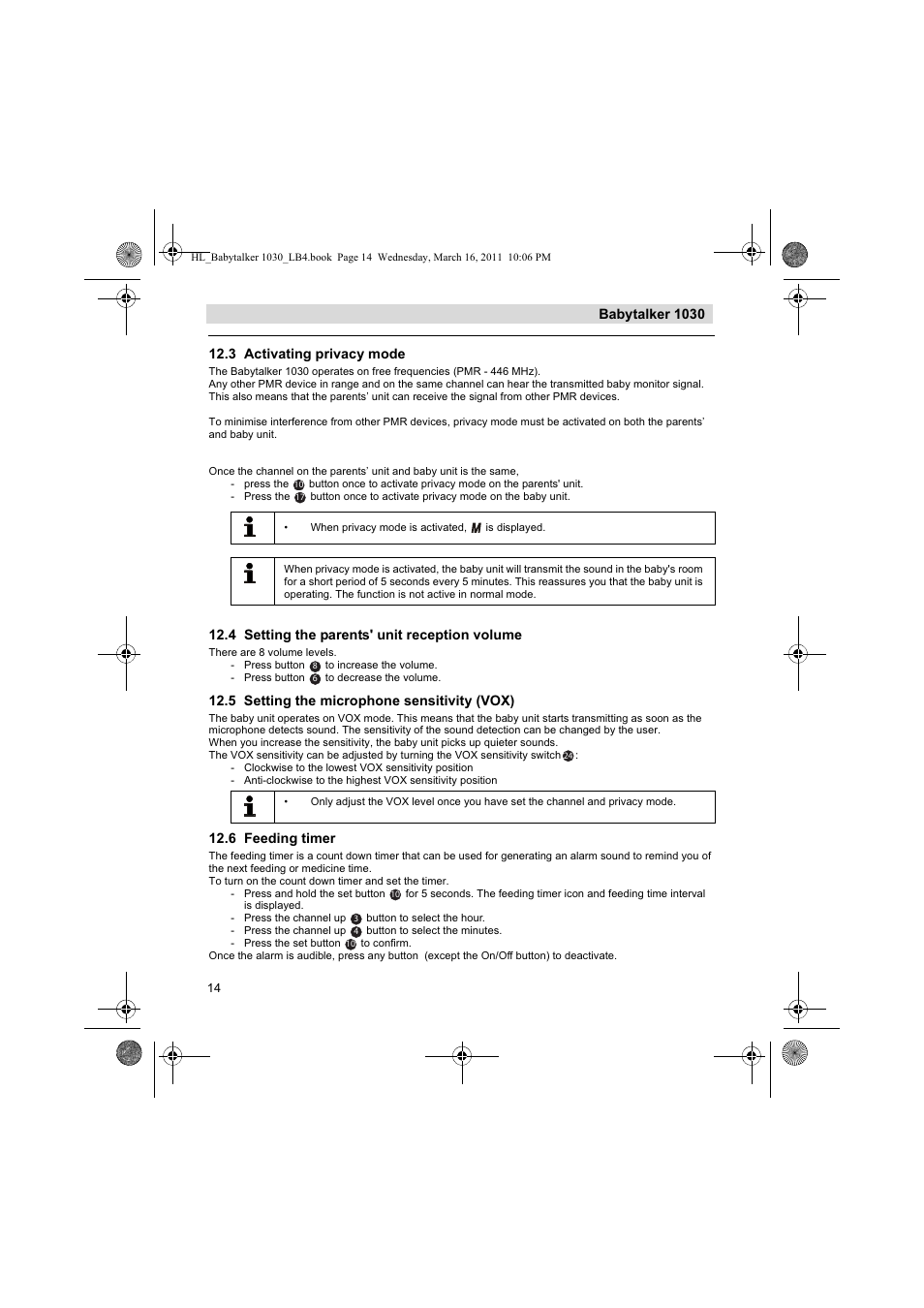 Babytalker 1030, 3 activating privacy mode, 4 setting the parents' unit reception volume | 5 setting the microphone sensitivity (vox), 6 feeding timer | Silvercrest BABYTALKER 1030 User Manual | Page 14 / 108