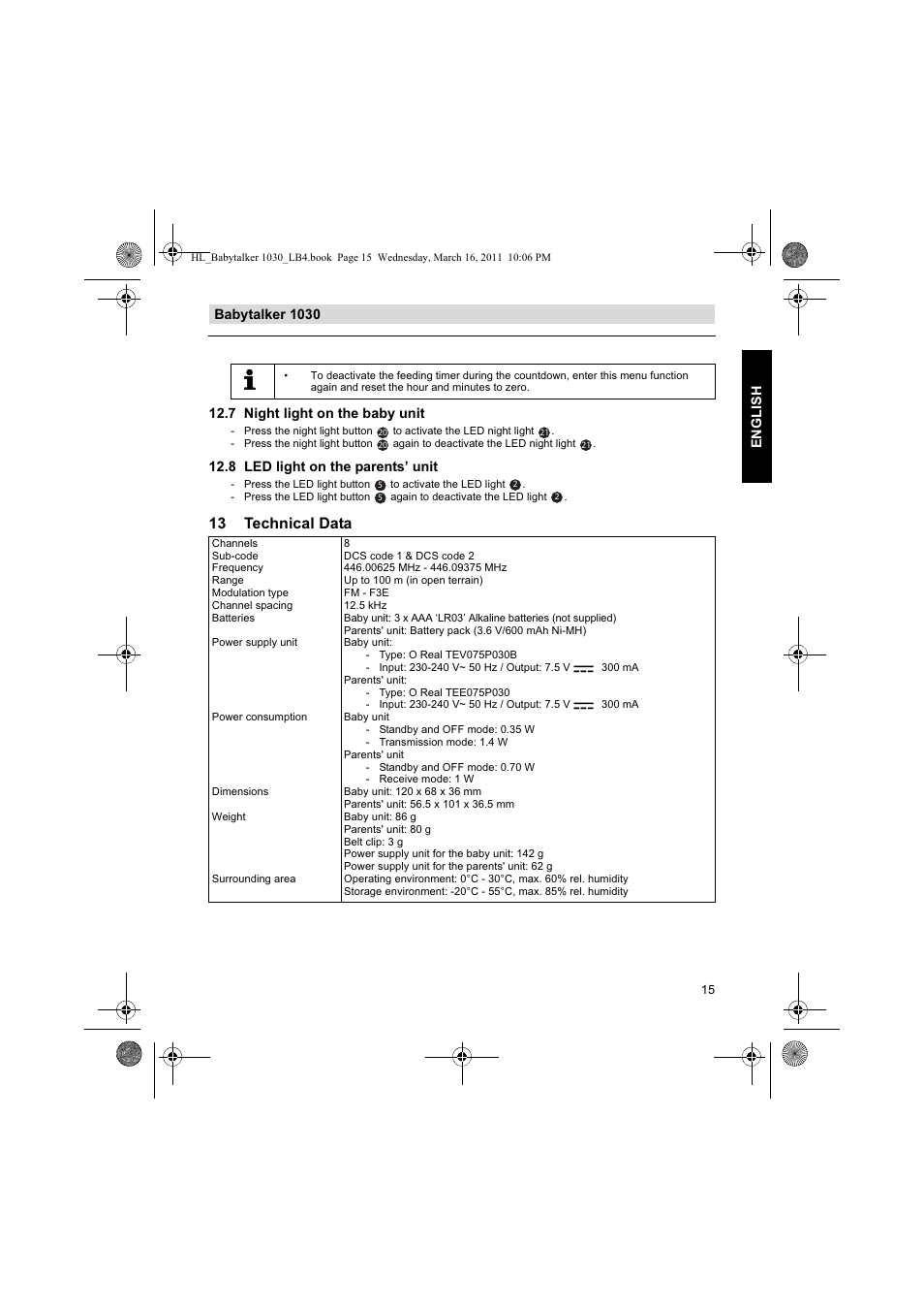 13 technical data, 8 led light on the parents’ unit | Silvercrest BABYTALKER 1030 User Manual | Page 15 / 108