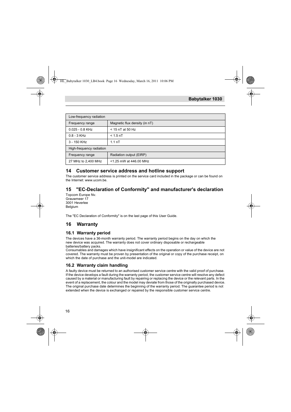 14 customer service address and hotline support, 16 warranty | Silvercrest BABYTALKER 1030 User Manual | Page 16 / 108