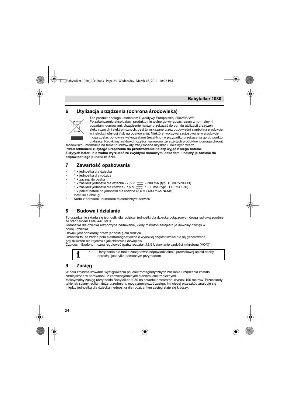 6utylizacja urzdzenia (ochrona rodowiska), 7zawarto opakowania, 8budowa i dziaanie | 9zasig | Silvercrest BABYTALKER 1030 User Manual | Page 24 / 108