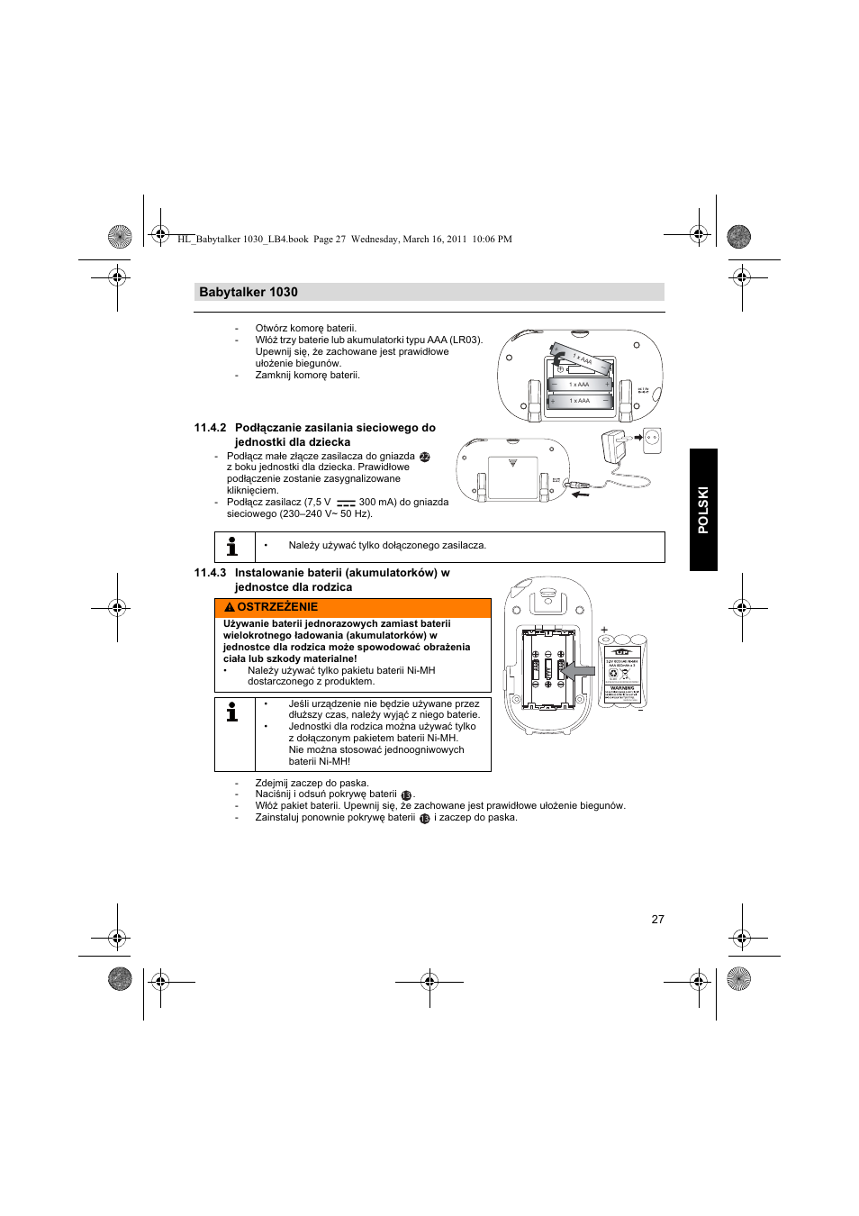 Babytalker 1030 polski, Ostrze enie | Silvercrest BABYTALKER 1030 User Manual | Page 27 / 108