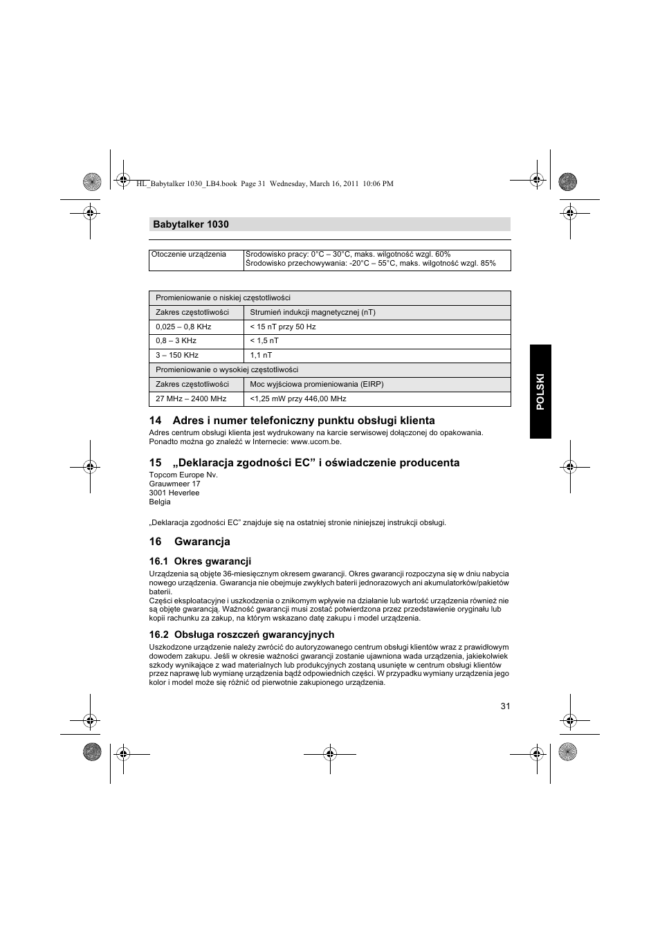 16 gwarancja | Silvercrest BABYTALKER 1030 User Manual | Page 31 / 108